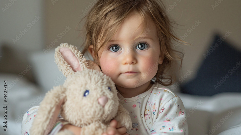 A close-up shot capturing the expressive facial expressions of a baby girl in adorable pajamas and bunny slippers, cuddling a plush toy with wide-eyed curiosity, creating a visuall A close-up shot capturing the expressive facial expressions of a baby girl in adorable pajamas and bunny slippers, cuddling a plush toy with wide-eyed curiosity, creating a visuall