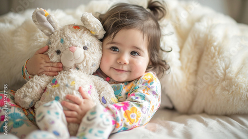 An immersive photograph capturing the playful antics of a baby girl in colorful pajamas and bunny slippers, hugging a plush toy with a mischievous grin, creating a visually enchant