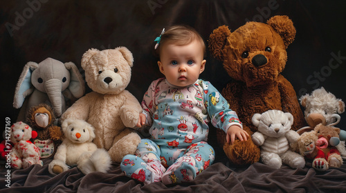 A visually rich composition featuring a baby girl in themed pajamas and matching slippers, sitting among a collection of stuffed animals, showcasing the innocence and delight of ch photo