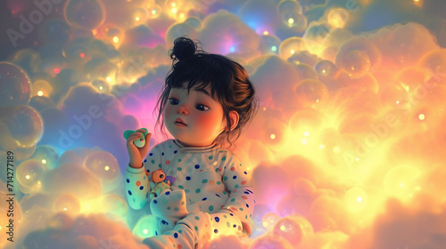 An artistic representation of a baby girl in polka dot pajamas and tiny slippers, holding a cuddly soft toy, surrounded by dreamy pastel colors, creating a visually whimsical and m