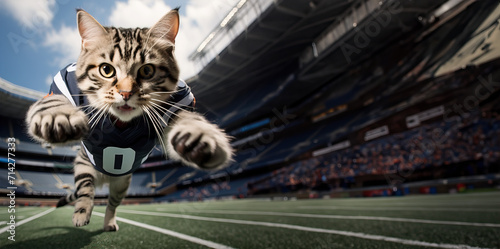 Superbowl football cat playing football announcement ad, post 