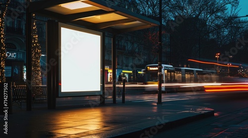 Bus stop information board with blank screen for copying your text message or promotional content, lightbox for presentation, street transparent poster in urban setting © Eugenia