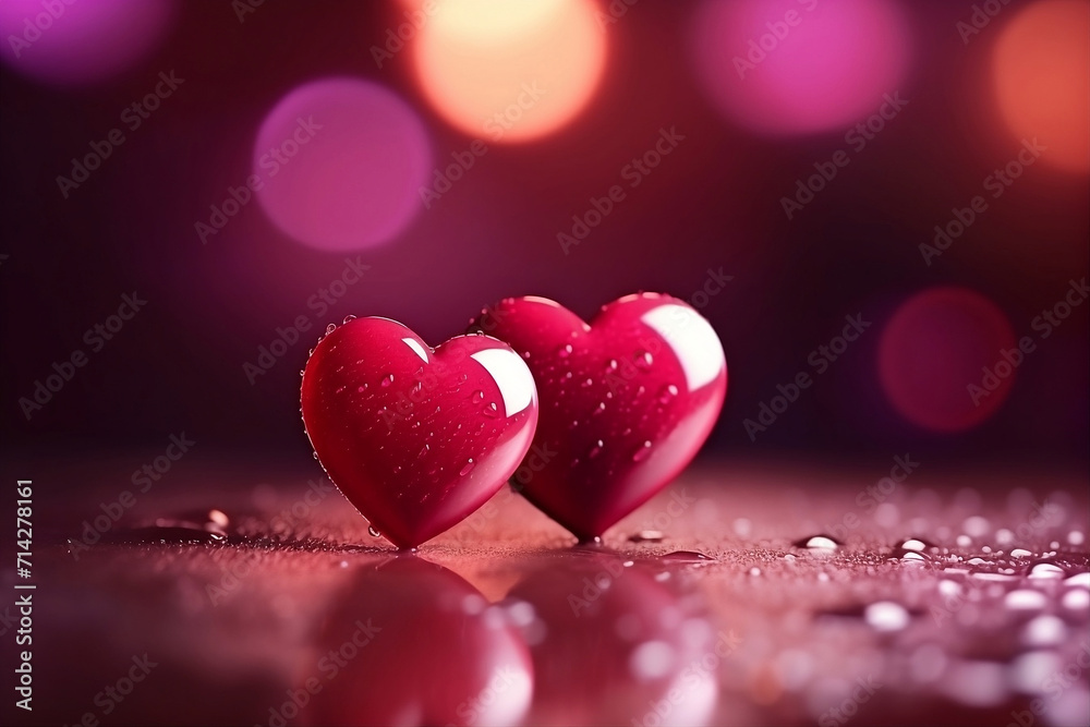 Fototapeta premium Valentine's Day Background: Red Love Hearts on Reflective Surface with Water Drops Set Against Blurred Background