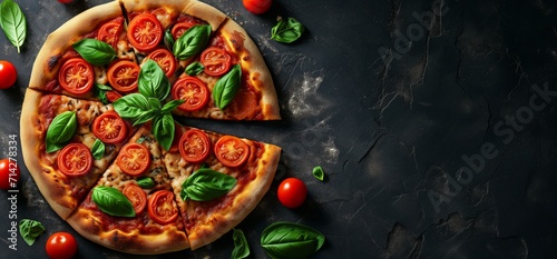 pizza with tomato and basil sliced and overlaid ondark background