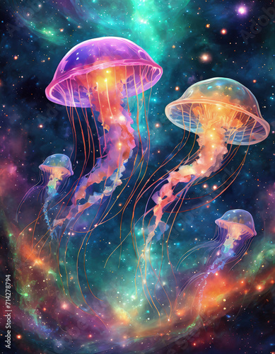 Fantasy planet glowing jellyfish. mobile wallpaper design. Generative ai