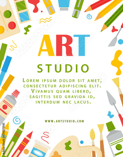 Art studio flyer template. Vector illustration for poster, invitation, flyer, banner, brochure, advertising. Promo poster for art studio, school, workshop. Painting stationary background.
