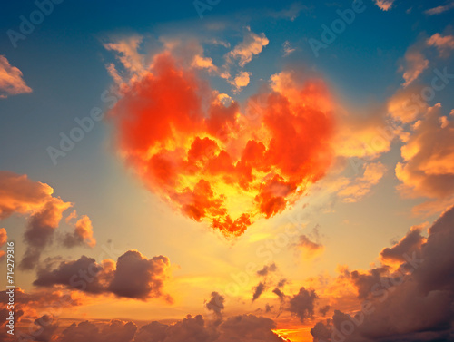 Heart shaped cloud at sunset, valentine's day background.