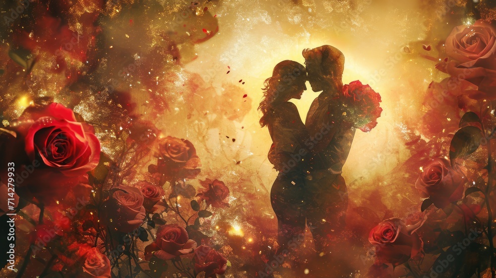 Couple in love hugging in a romantic holiday setting with roses and bright lights Couple in love hugging in a romantic holiday setting with roses and bright lights