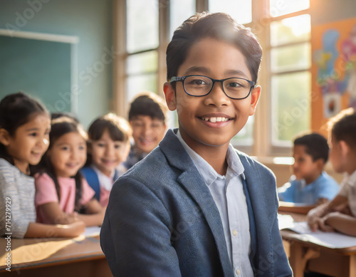 Happy Smiling Schoolboy Sitting at Desk in Classroom