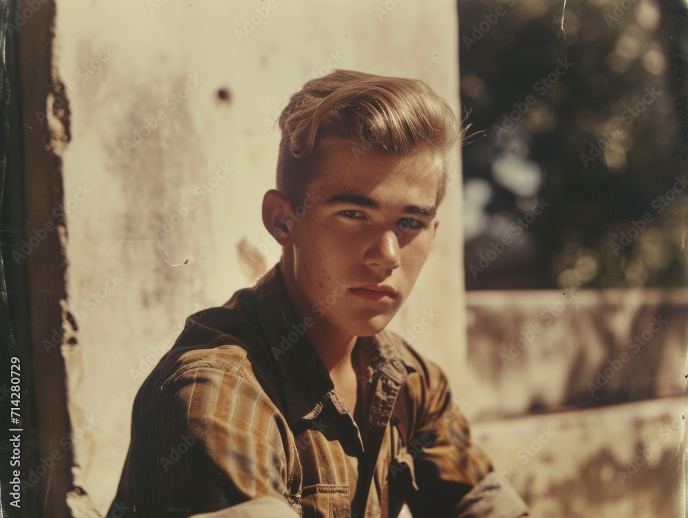 Photorealistic Teen Latino Man with Blond Straight Hair vintage Illustration. Portrait of a person in World War II era aesthetics. Historic movie style Ai Generated Horizontal Illustration. Photorealistic Teen Latino Man with Blond Straight Hair vintage Illustration. Portrait of a person in World War II era aesthetics. Historic movie style Ai Generated Horizontal Illustration.