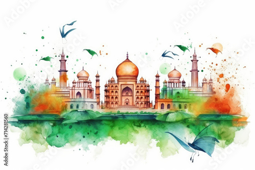 Taj Mahal illustration from flag colors, Independence Day of India. Generative ai