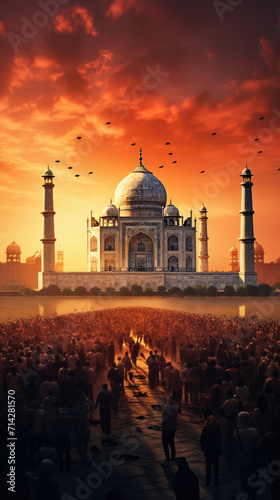 Taj Mahal wallpaper background design at sunset for social media sharing