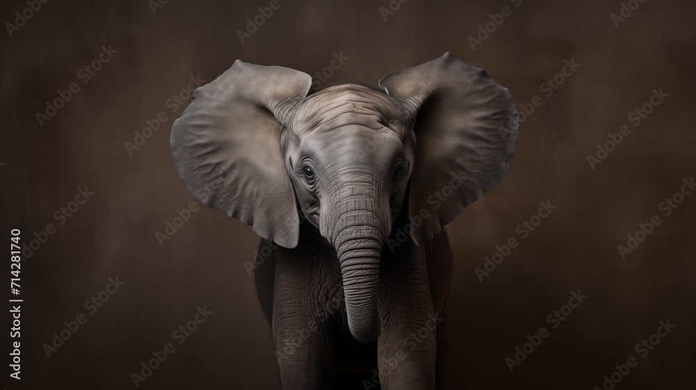 African Elephant Calf Portrait on Brown Background