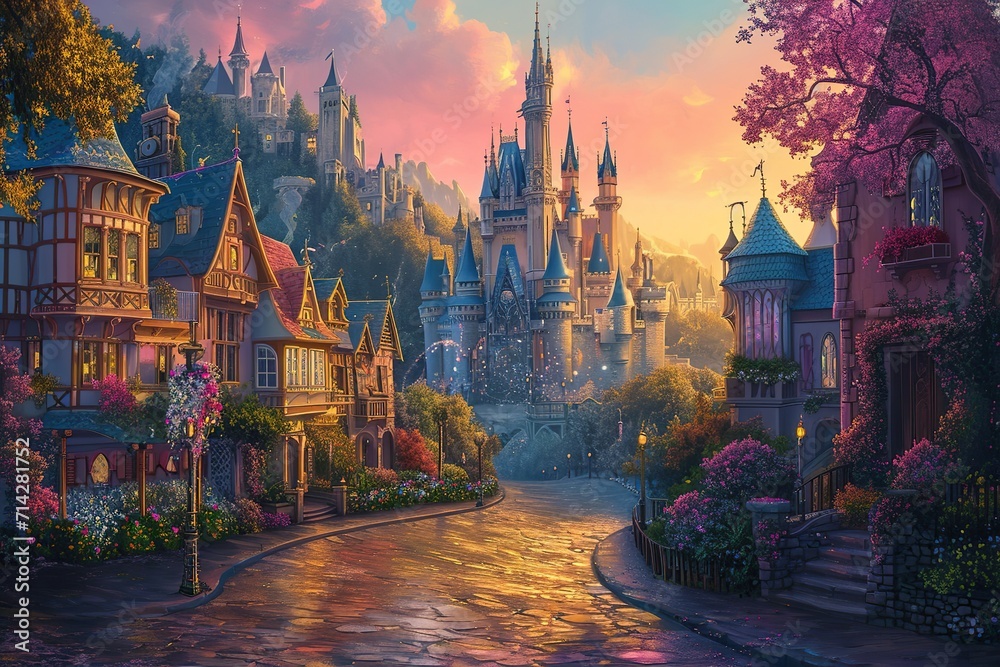 Fototapeta premium Magical unusual fairytale kingdom on the background of beautiful multicolored clouds