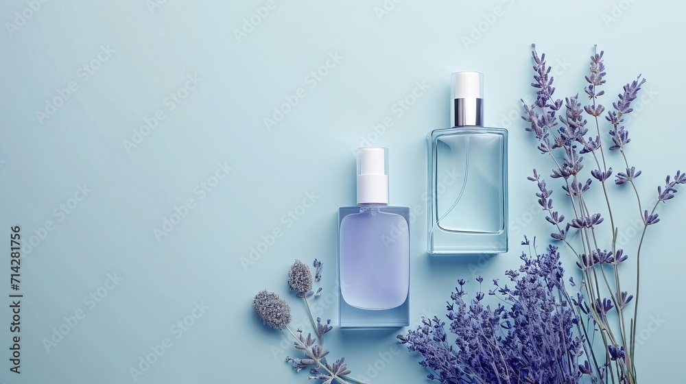 Minimalist beauty product arrangement, fine fragrance bottles with lavender accents, on a uniform light blue background Minimalist beauty product arrangement, fine fragrance bottles with lavender accents, on a uniform light blue background