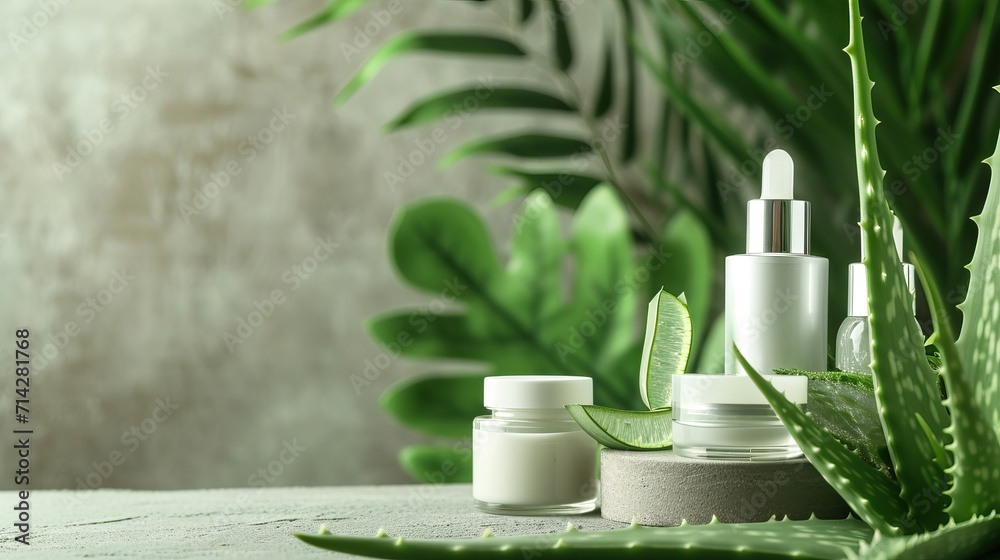 Containers with aloe vera on a muted earth toned background, complemented by aloe branches Containers with aloe vera on a muted earth toned background, complemented by aloe branches