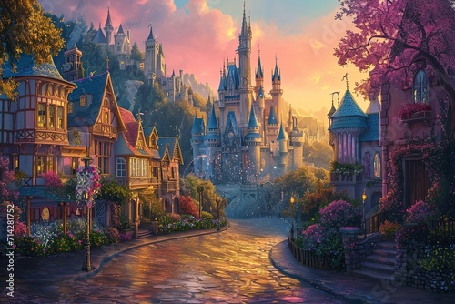 Magical unusual fairytale kingdom on the background of beautiful multicolored clouds