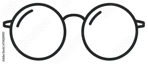 Minimalist schematic drawing of eyeglasses with round frames, outlined in black on a white background