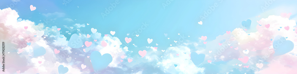 Abstract watercolor pink and blue hearts on cloudy sky. Love, Valentine day, wedding concept. Romantic background with copy space for design greeting card, print, poster 