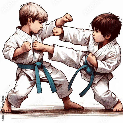 children fighting on the floor sport sparring in karate and taekwondo 