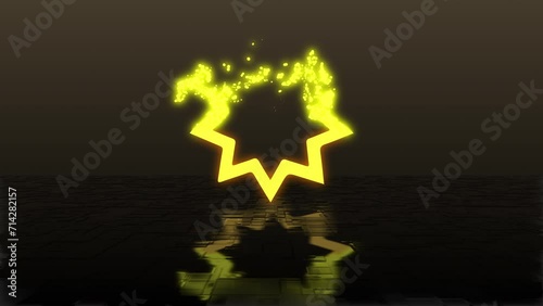 Symbol of bahai faith, nine pointed star symbol made of glowing golden particles disappear and dissolve on reflecting floor and dark background.  photo