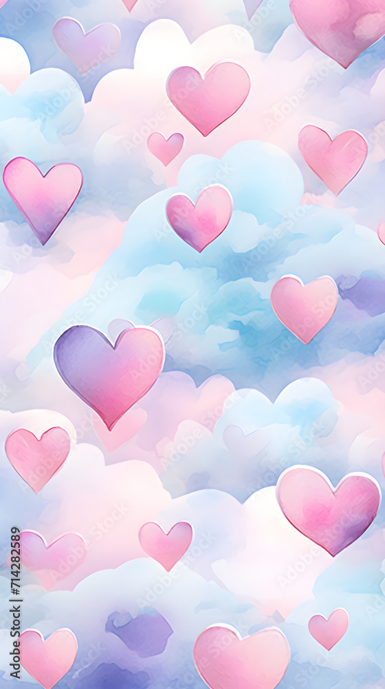 Abstract watercolor pattern with pink hearts on blue cloudy sky. Love, Valentines day, wedding concept. Romantic background for print, design greeting card, textile, paper