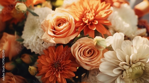 The warm glow of a mixed floral arrangement  roses close up  symbolizing the delicate beauty and diversity of nature.
