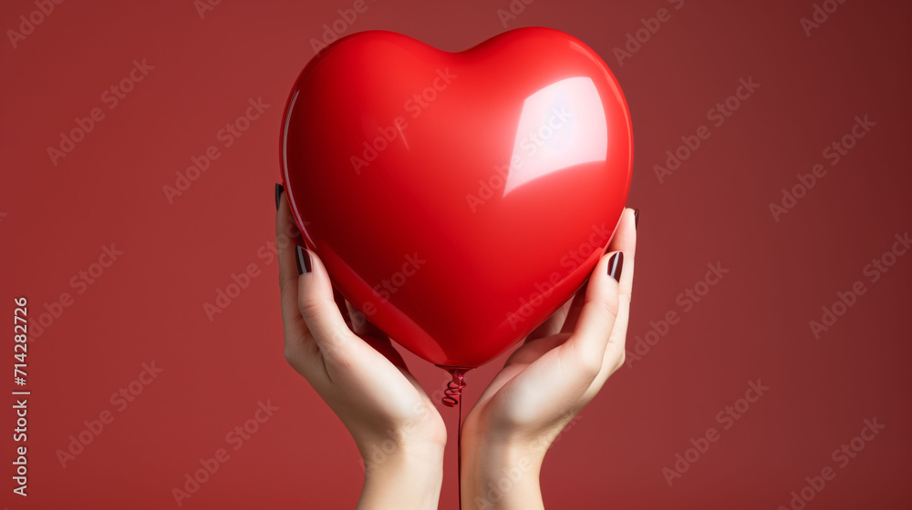 Female hand holding a red ball in the shape of a heart, isolated on a red background. Female hand holding a red ball in the shape of a heart, isolated on a red background.
