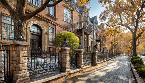 classic brownstone exterior in an urban setting, with a wrought-iron fence and a tree-lined sidewalk