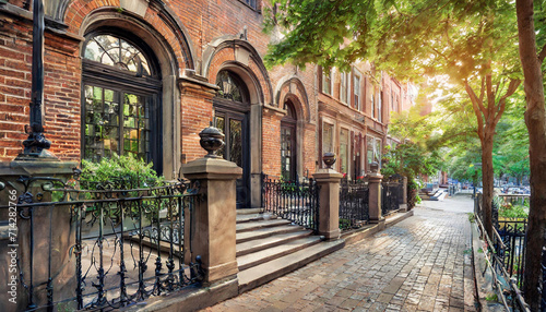 classic brownstone exterior in an urban setting  with a wrought-iron fence and a tree-lined sidewalk