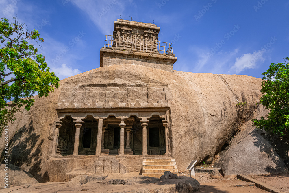 Naklejka premium Mahishamardini Rock Cut Mandapa built by Pallavas-Narasimhavarman, Mahendravarman & rajasimha. This is UNESCO's World Heritage Site located at Mamallapuram or Mahabalipuram in Tamil Nadu, South India
