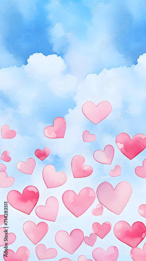 Abstract watercolor pink hearts on gradient blue cloudy sky. Love, Valentine day, wedding concept. Romantic background with copy space for design greeting card, print, poster 