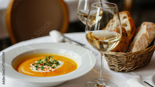On a white table, a plate of pumpkin soup, a glass of white wine, a basket of rustic bread, Interior of a beautiful restaurant. Rustic.