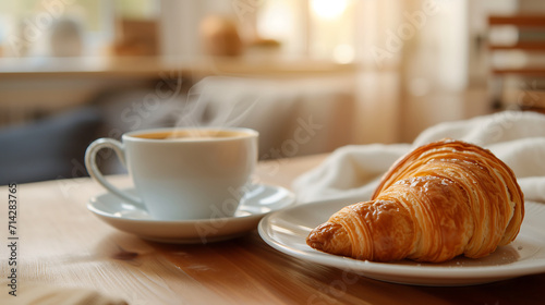 A croissant paired with a cup of a coffee on a cozy table, National croissant day
