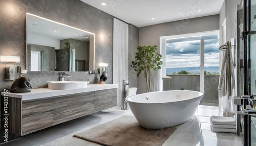Design a modern bathroom with a freestanding bathtub  a double vanity  and contemporary fixtures in a suburban home
