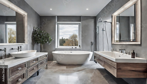 Design a modern bathroom with a freestanding bathtub  a double vanity  and contemporary fixtures in a suburban home