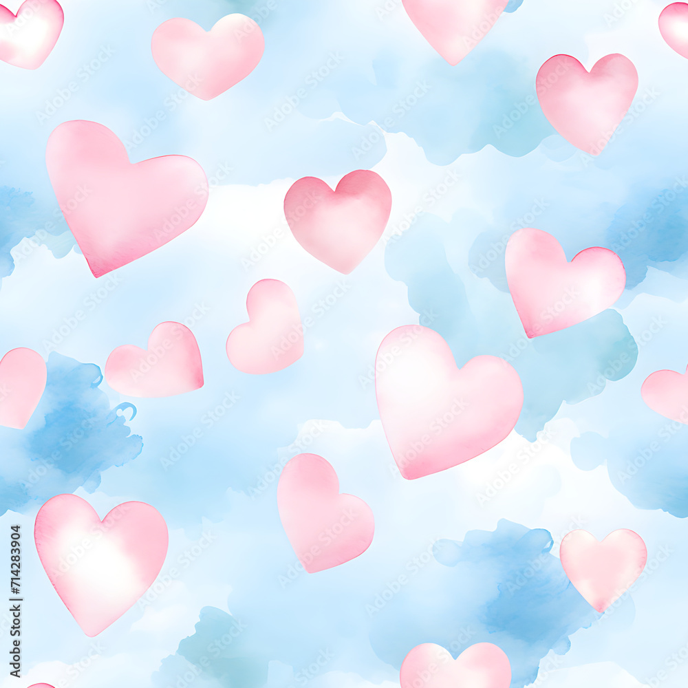 Abstract watercolor seamless pattern with pink hearts on blue cloudy sky. Love, Valentines day, wedding concept. Romantic background for print, design greeting card, textile, paper