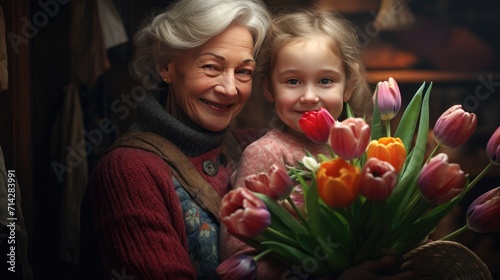 A cute little girl congratulates her grandmother and gives her a bouquet of tulip flowers in the house. Happy family holiday, women's Day. photo