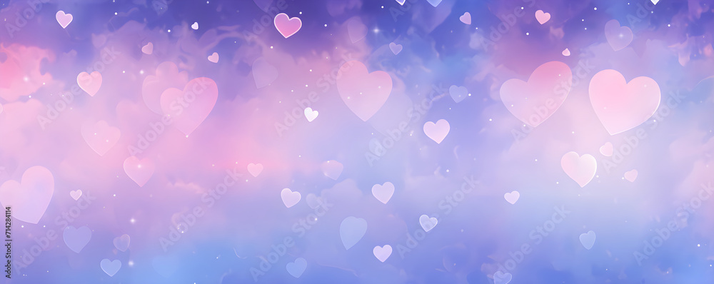 Abstract pink hearts on gradient blue and purple  cloudy sky. Love, Valentine day, wedding concept. Romantic background with copy space for design greeting card, print, poster 