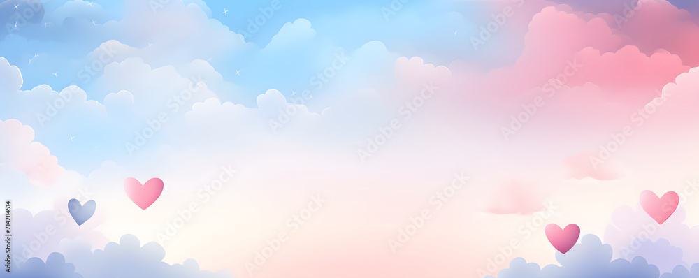 Abstract watercolor pink and blue heart on gradient cloudy sky. Love, Valentine day, wedding concept. Romantic background with copy space for design greeting card, print, poster 
