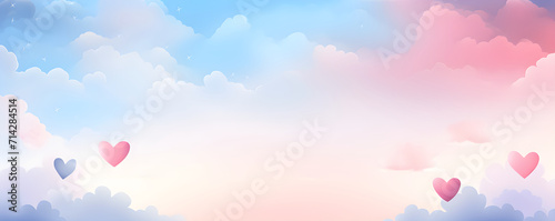 Abstract watercolor pink and blue heart on gradient cloudy sky. Love  Valentine day  wedding concept. Romantic background with copy space for design greeting card  print  poster 