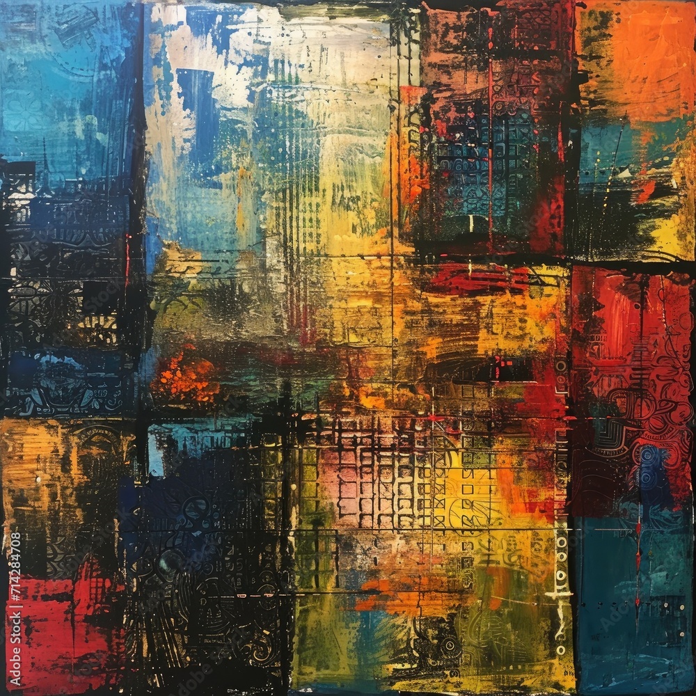 Abstract background with grunge texture. With different color patterns: yellow (beige) blue red (orange). Image generated AI.