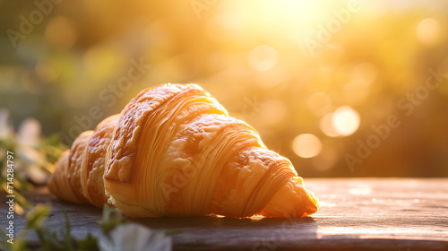 Golden-brown croissant against a backdrop of warm sunlight. National croissant day concept