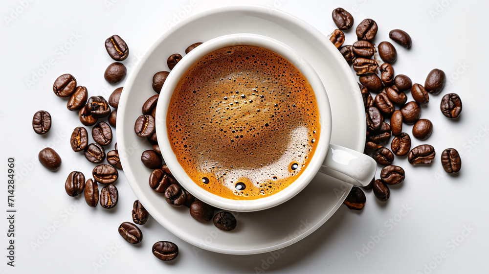 Coffee cup and coffee beans isolated on white background. Top view. Coffee cup and coffee beans isolated on white background. Top view.