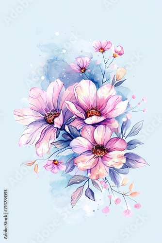 Delicate violet cosmos flowers bouquet on a white background. Floral greeting card design. Copy space. © Tanya