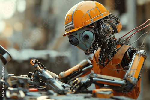 A humanoid robot in worker clothing, at a construction site Surrounded by machinery and structures.