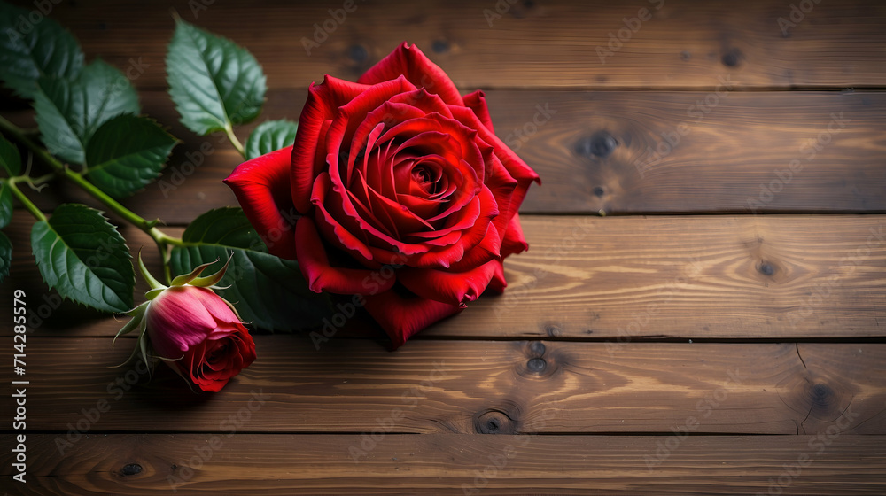 Top view of red rose flower isolated rustic wood background Top view of red rose flower isolated rustic wood background