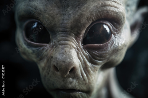 Very close-up alien image with large transparent eyes. Generative ai