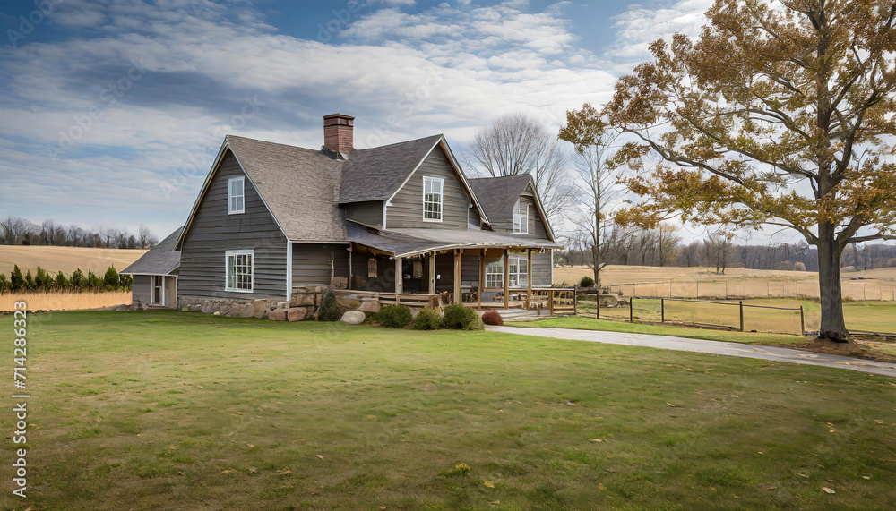 rustic farmhouse exterior with a wrap-around porch, surrounded by open fields and a barn in the background rustic farmhouse exterior with a wrap-around porch, surrounded by open fields and a barn in the background