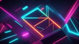 abstract illustration of geometric shapes and structures in colorful neon colors and lights in cyberspace against dark background, generative AI.